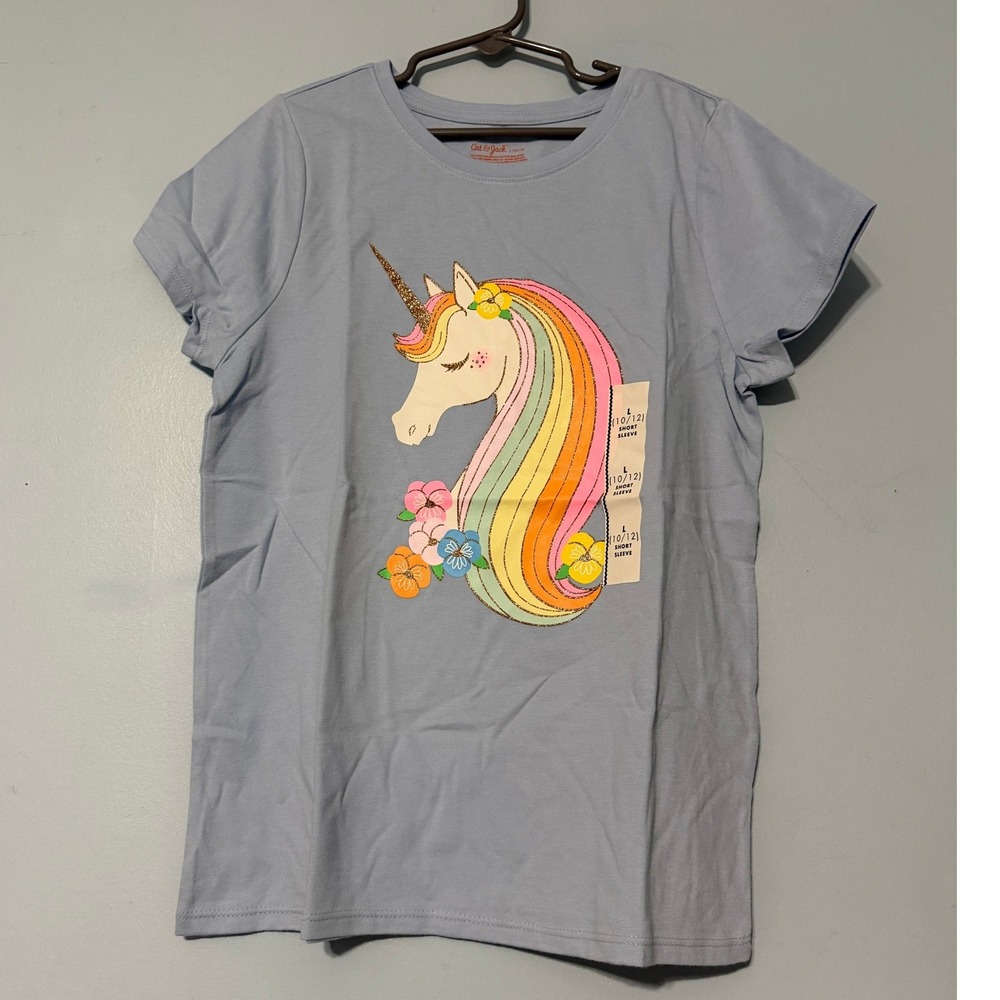Cat & Jack 10/12 Large Light Blue Unicorn Rainbow Short Sleeve Graphic Tee 2324